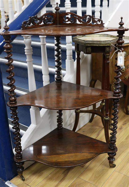 A Victorian rosewood three-tier corner whatnot, H.103cm